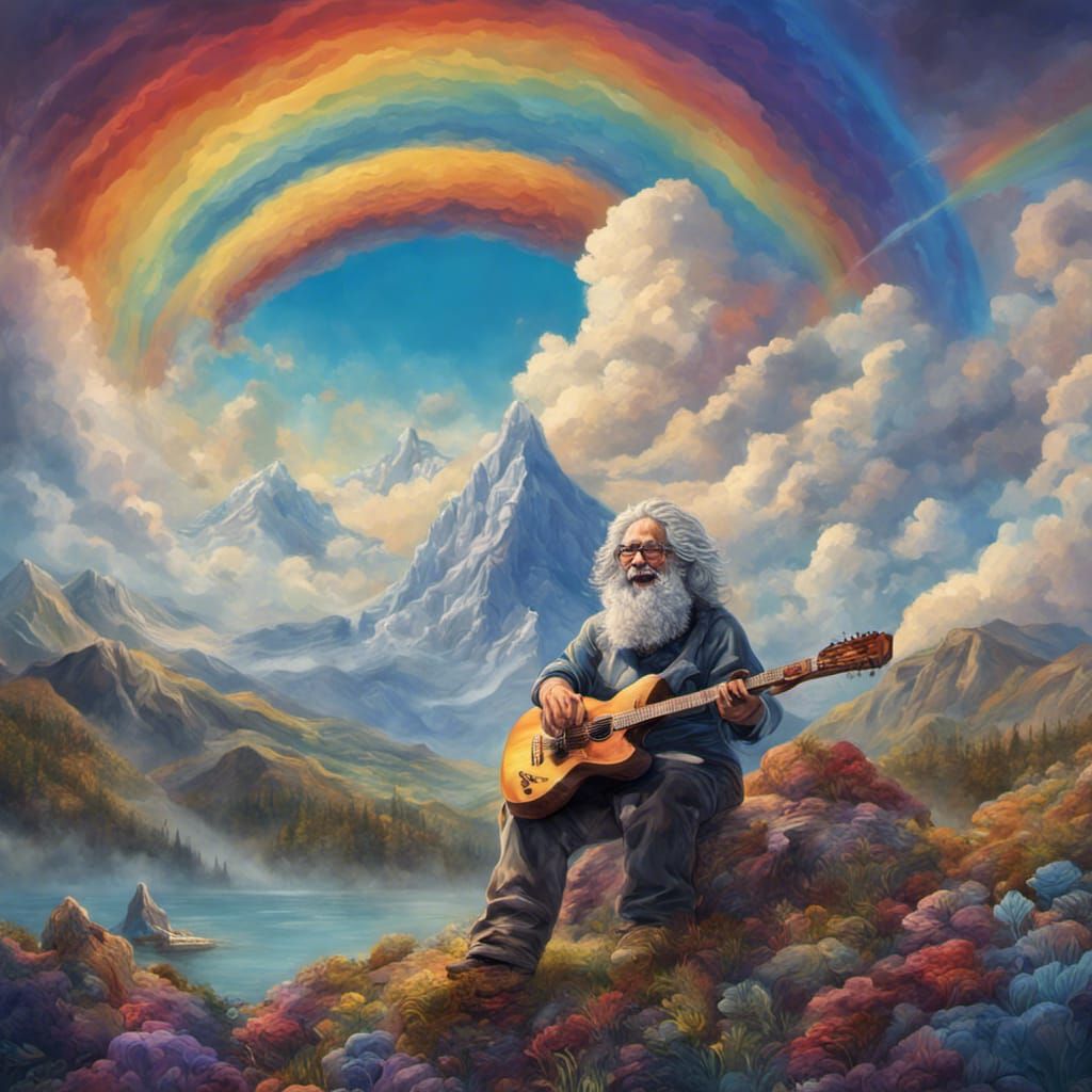 Jerry Garcia Cloud Guitarist in a Rainbow Sky