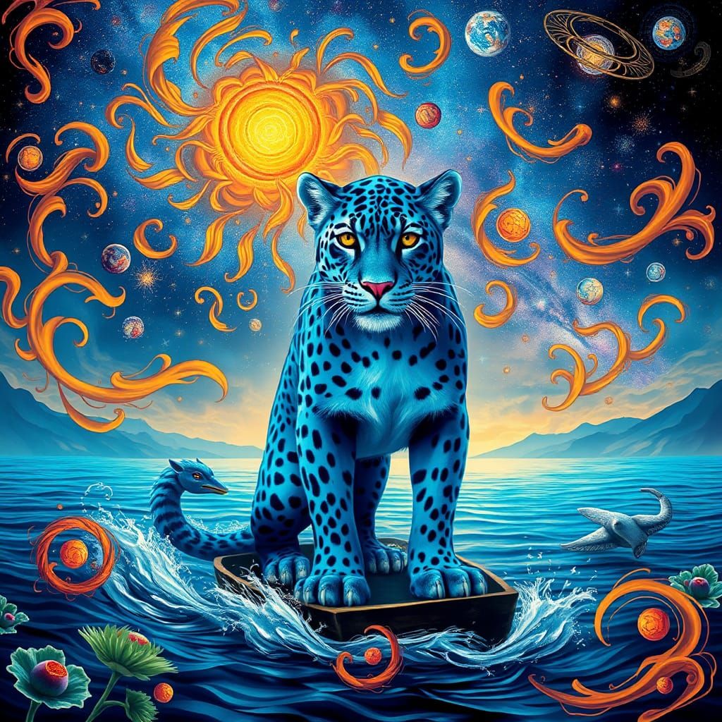 Blue Leopard King in Surreal Celestial Landscape