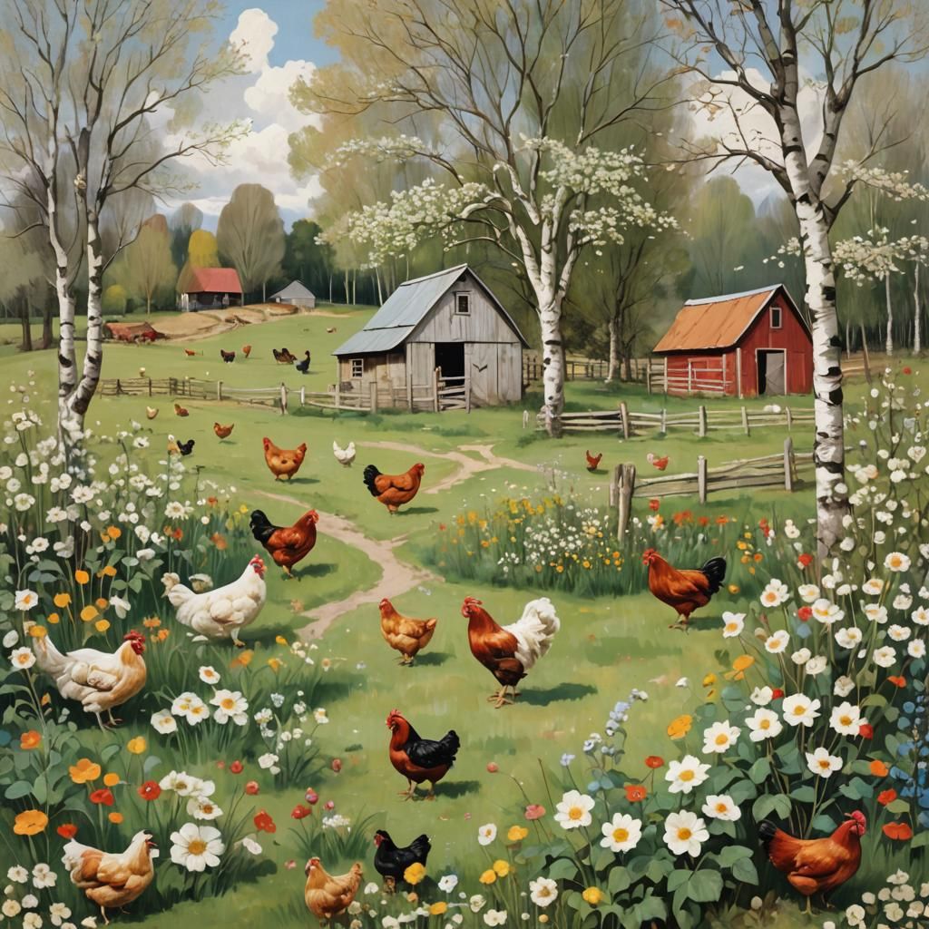 Whimsical Farmyard Scene with Chicken Flowers