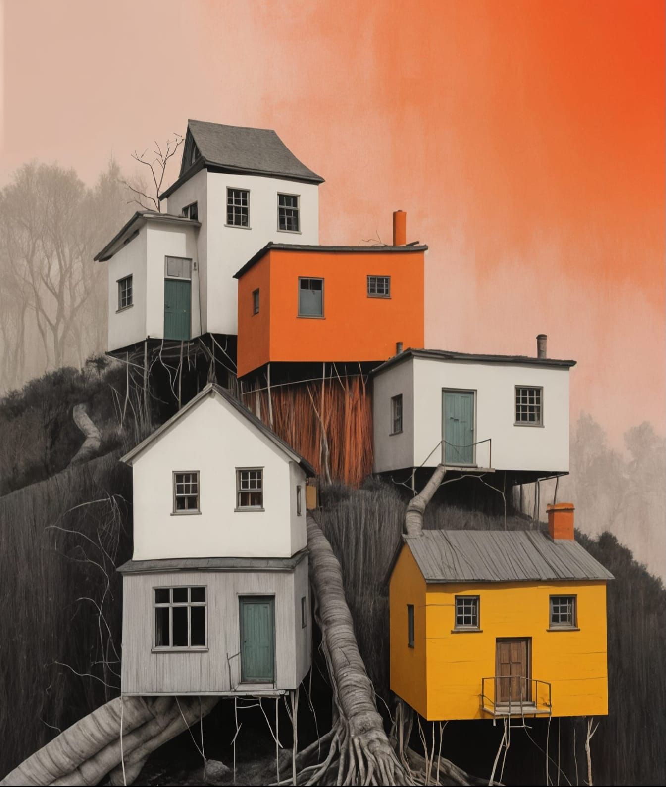 Vibrant Fiber Art Surrounds Trees in Abstract Collage