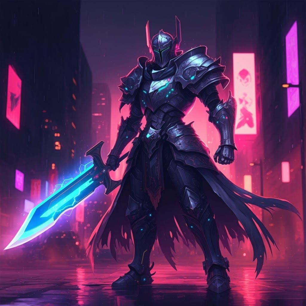 Cyberpunk Knight Ready for Battle in Anime Style