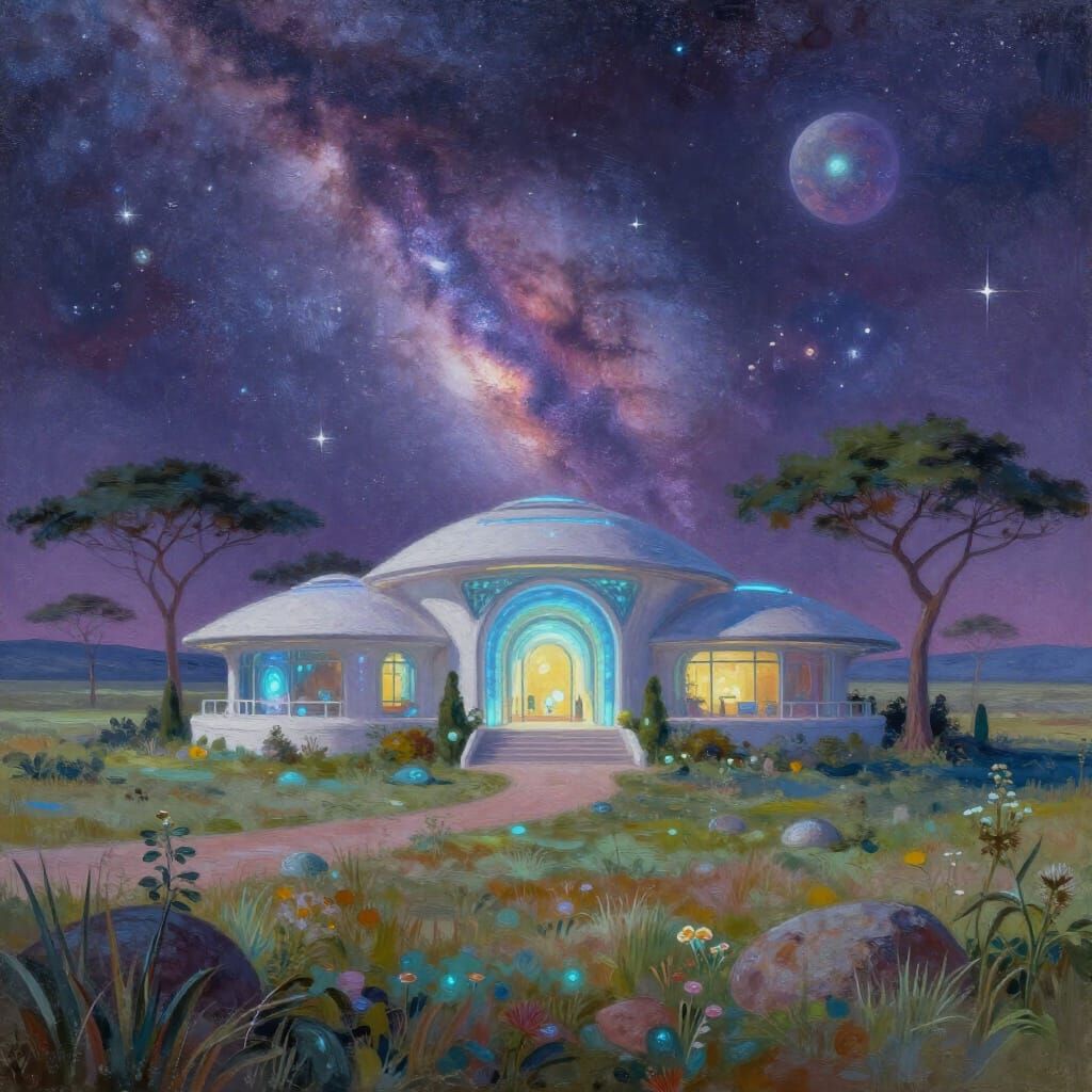 Bioluminescent East African Mansion in Cosmic Landscape