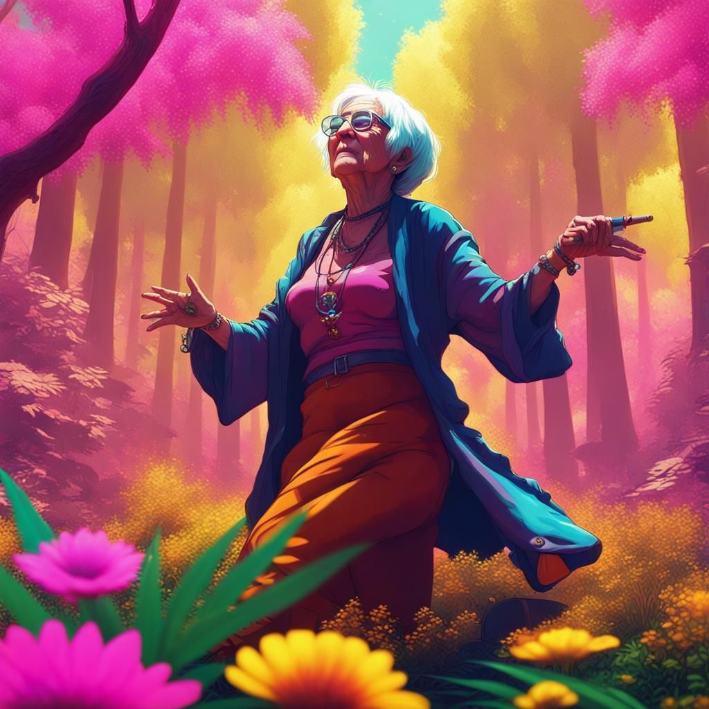 Cyberpunk Hippie Woman Dancing in Sunny Forest