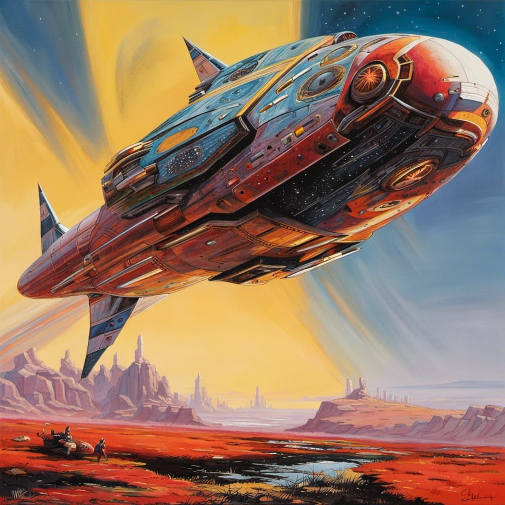 Retro Starship Over Landscape: Sci-Fi Painting