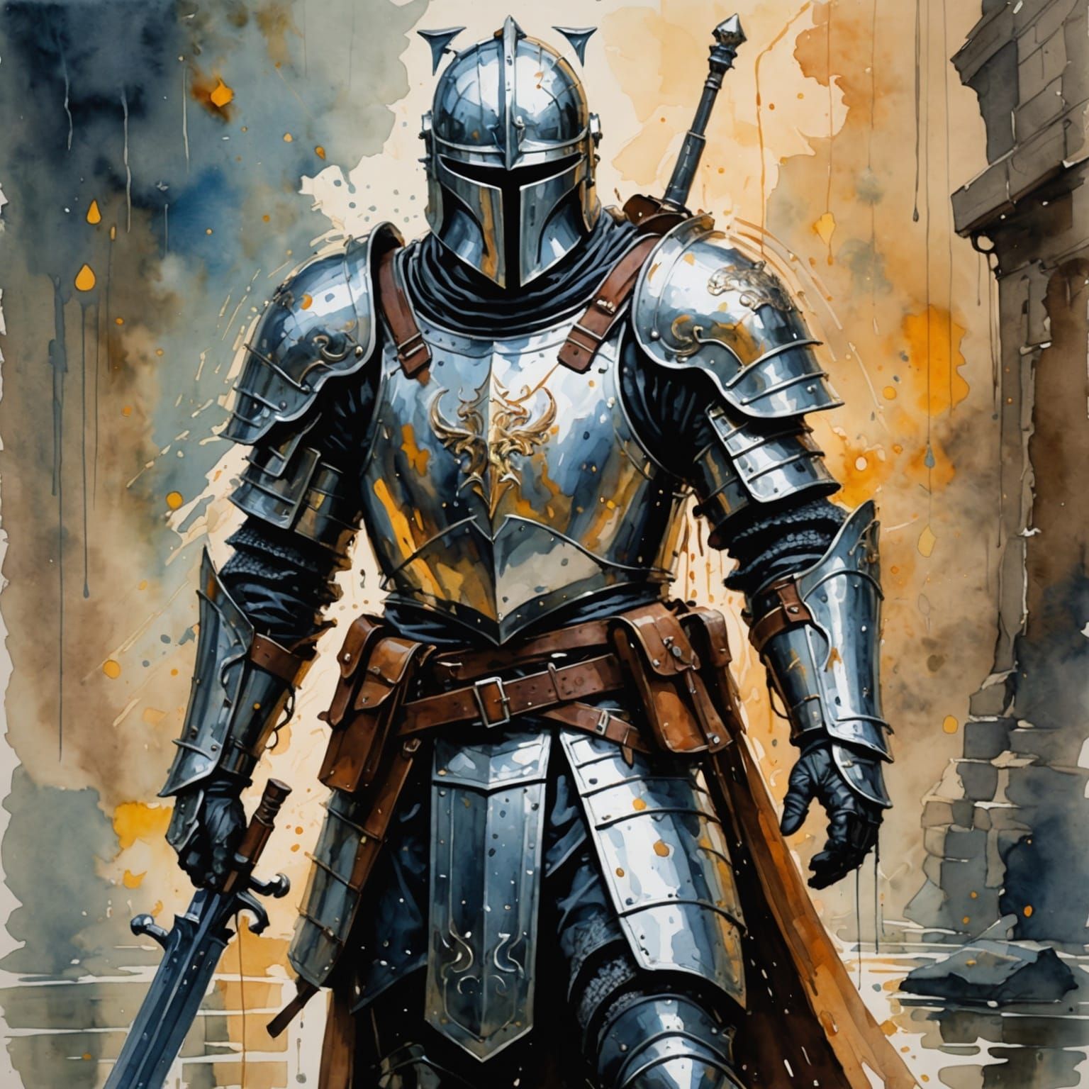 A medieval knight wearing full plate armor holding an ”AR-15...