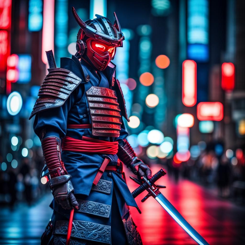 Cyborg Samurai Portrait in Neon City, Hyperrealistic HDR