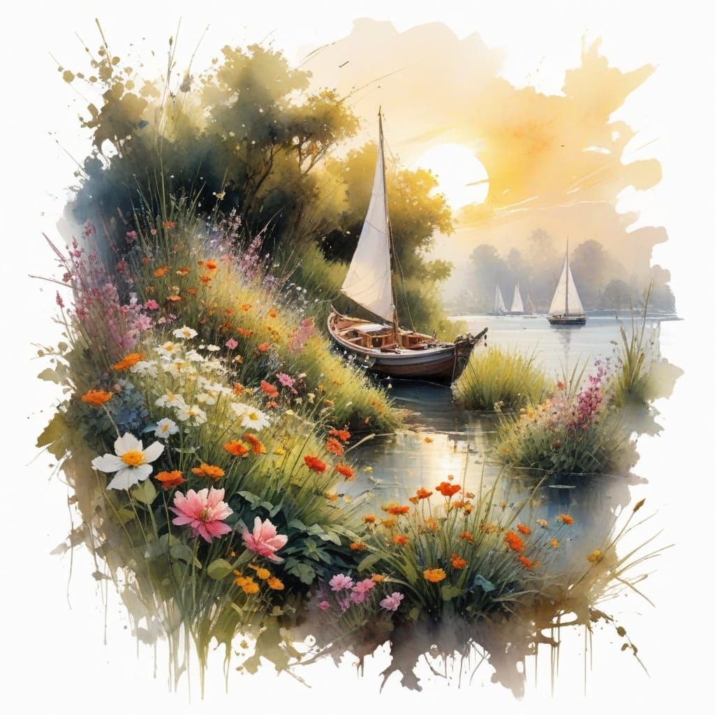 Sailing Boat in a Sunlit River Garden