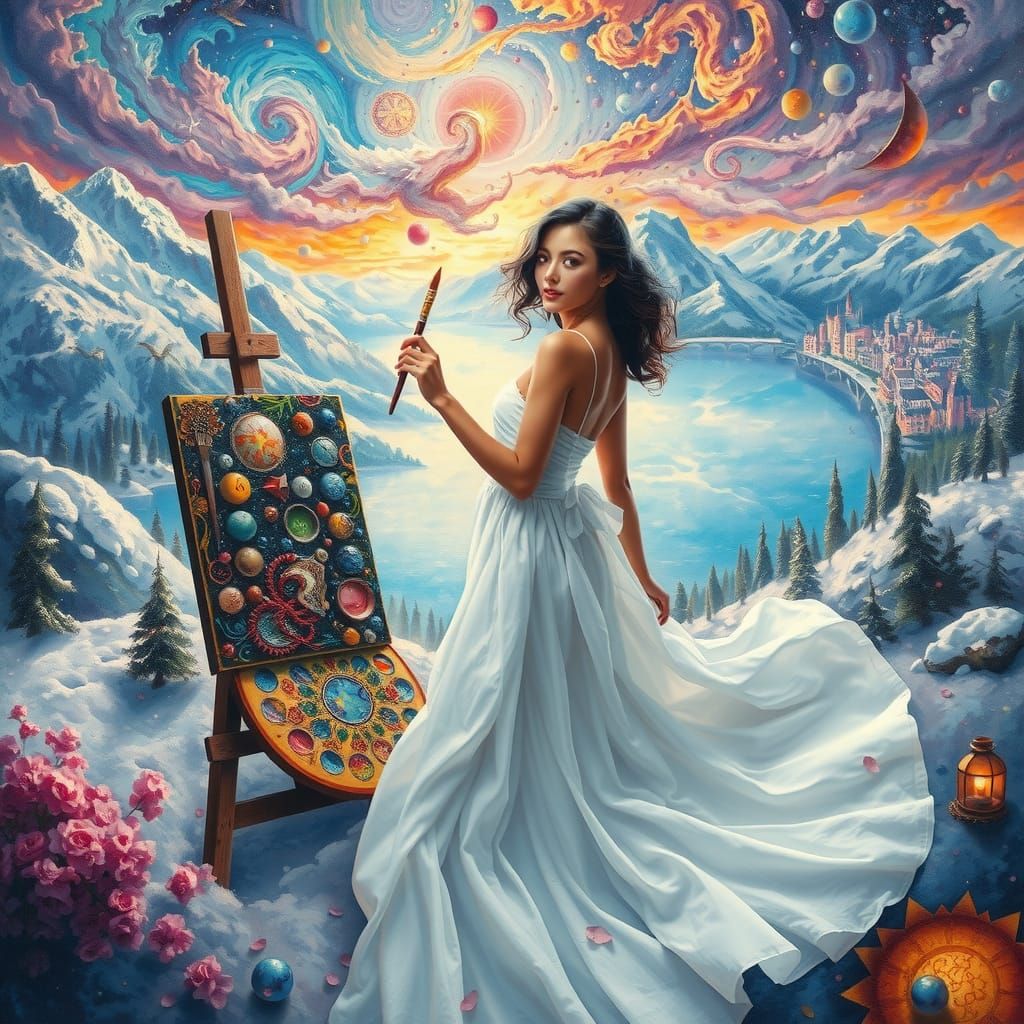 Surrealist Woman with Palette in Dream Landscape