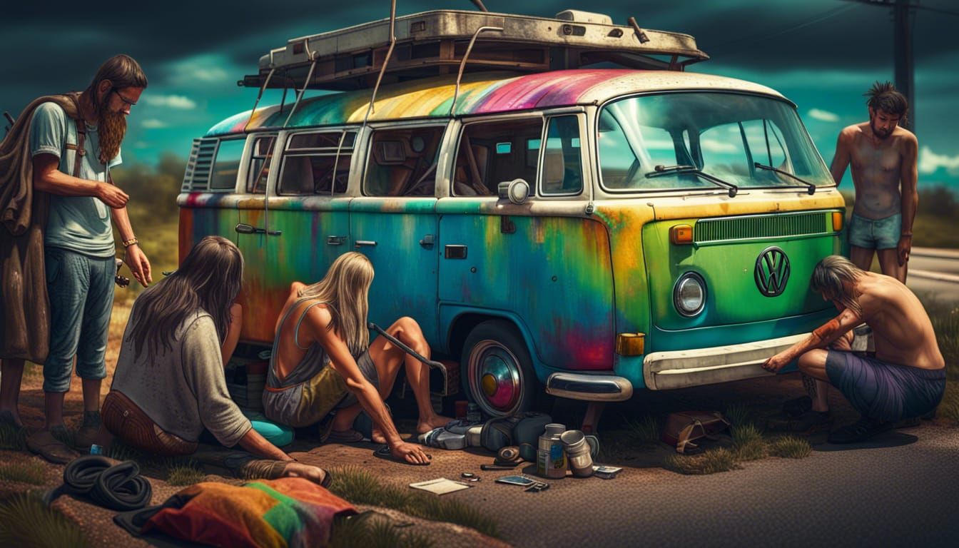 Hippies Repairing a VW Bus in Pop Art Style