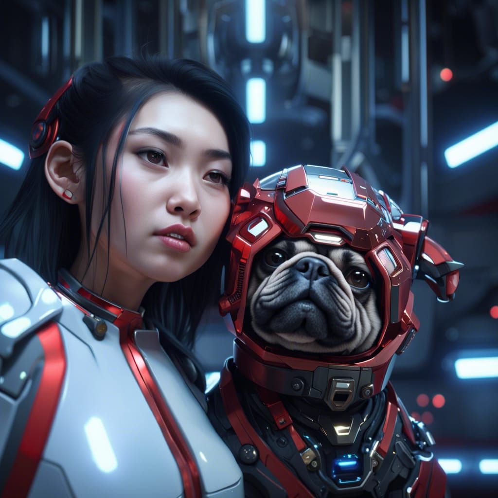 Lesbian Kiss in Starship with Mecha Pug