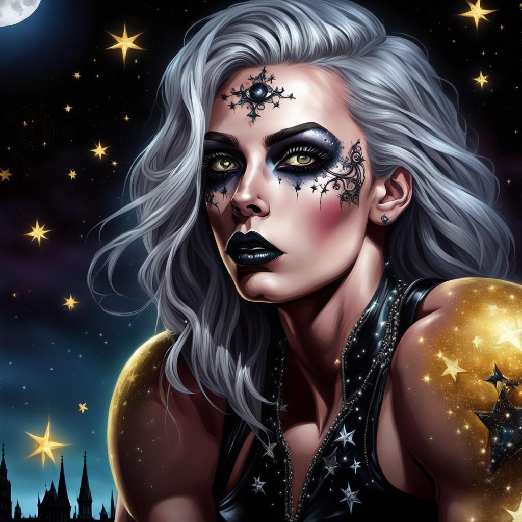 Victorian Gothic Punk Woman Bodybuilder Under Full Moon