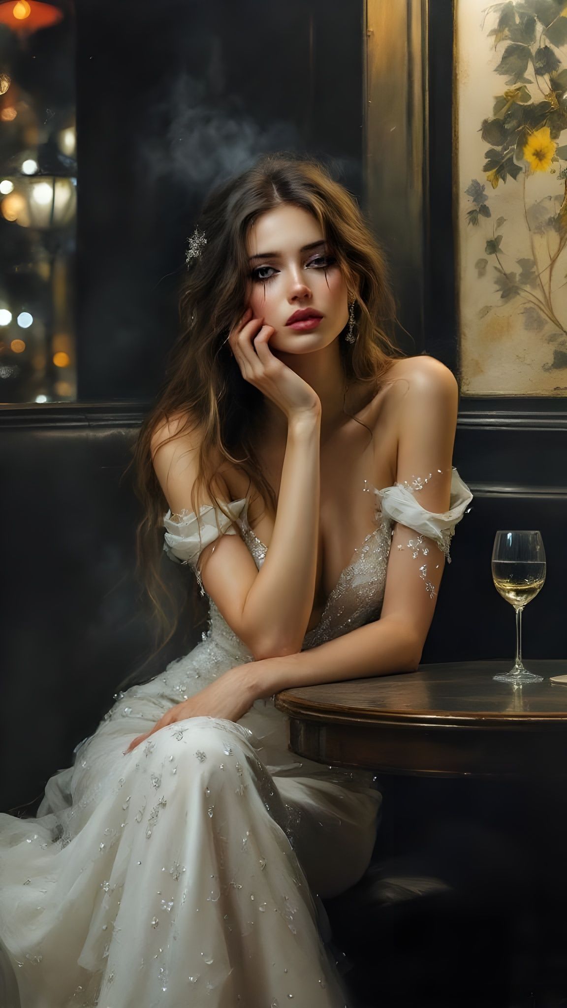 Ethereal Woman in Parisian Cafe: Pre-Raphaelite Oil Painting