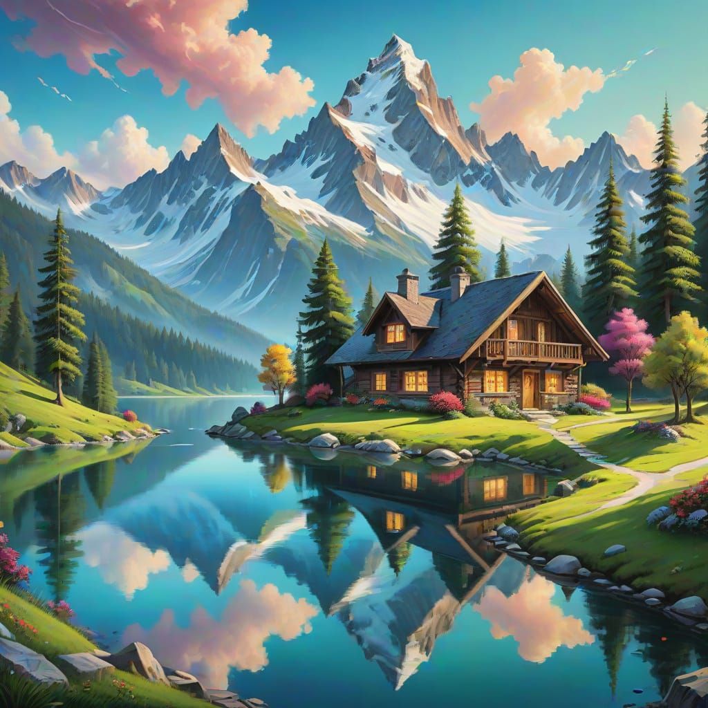 Serene Alpine Landscape with Surreal Twist in Happy Little T...