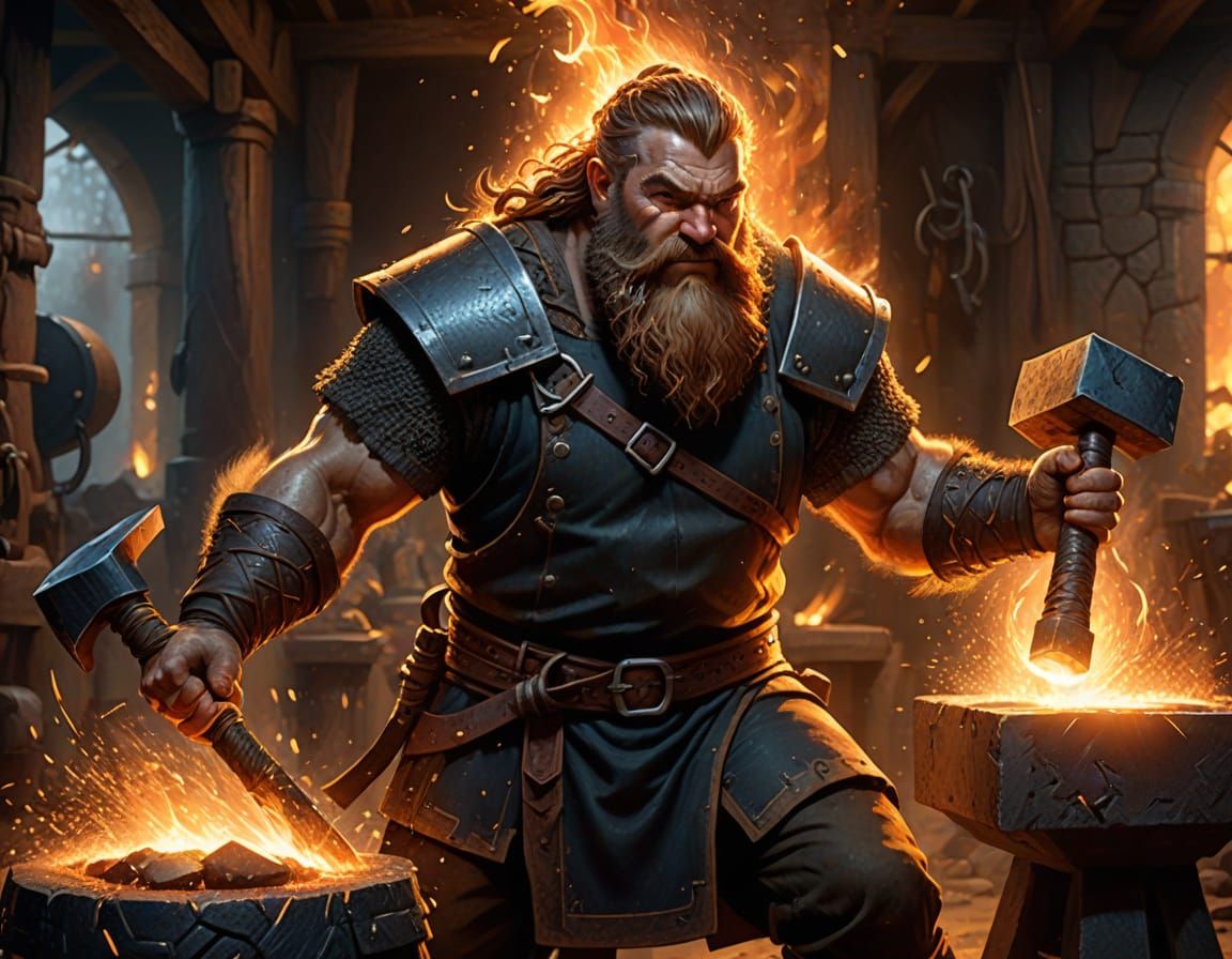 Hyperrealistic Dwarven Blacksmith Forging Glowing Metal
