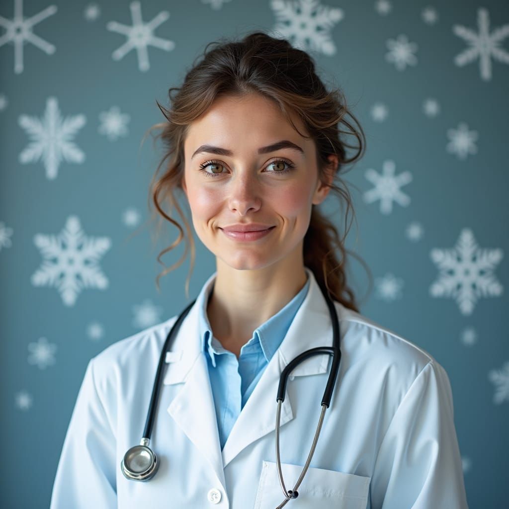 Young Woman Doctor in Winter Snowfall