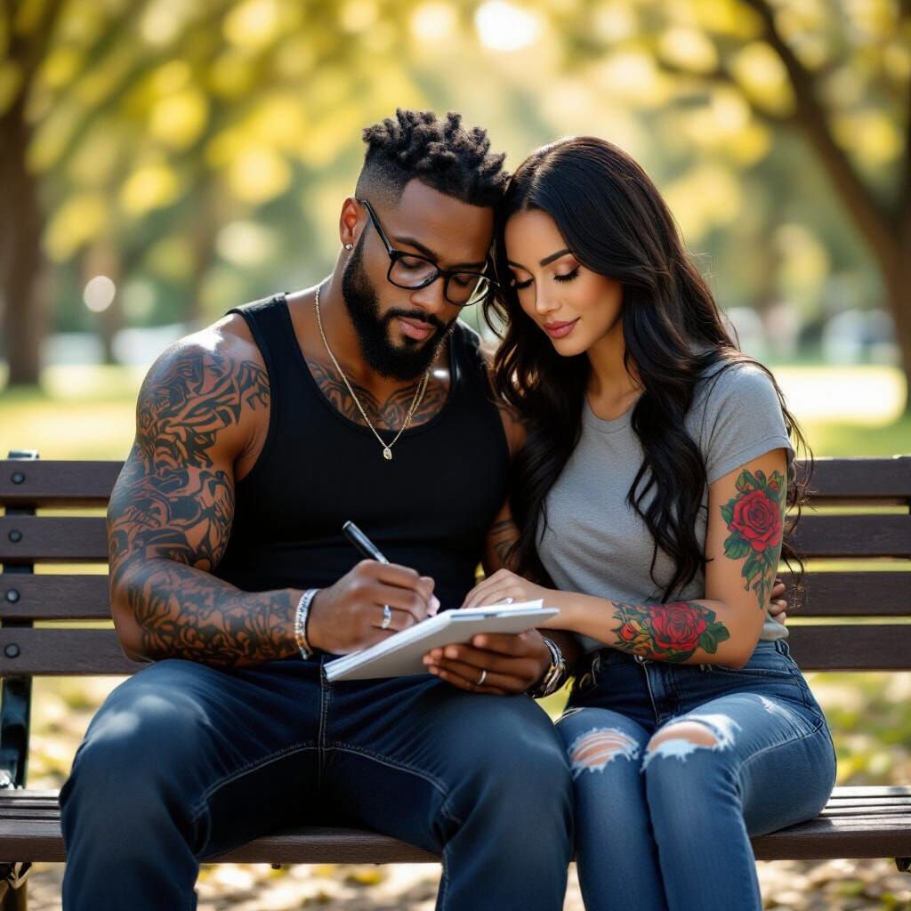 Man and Woman Embrace on Park Bench in Golden Hour Light