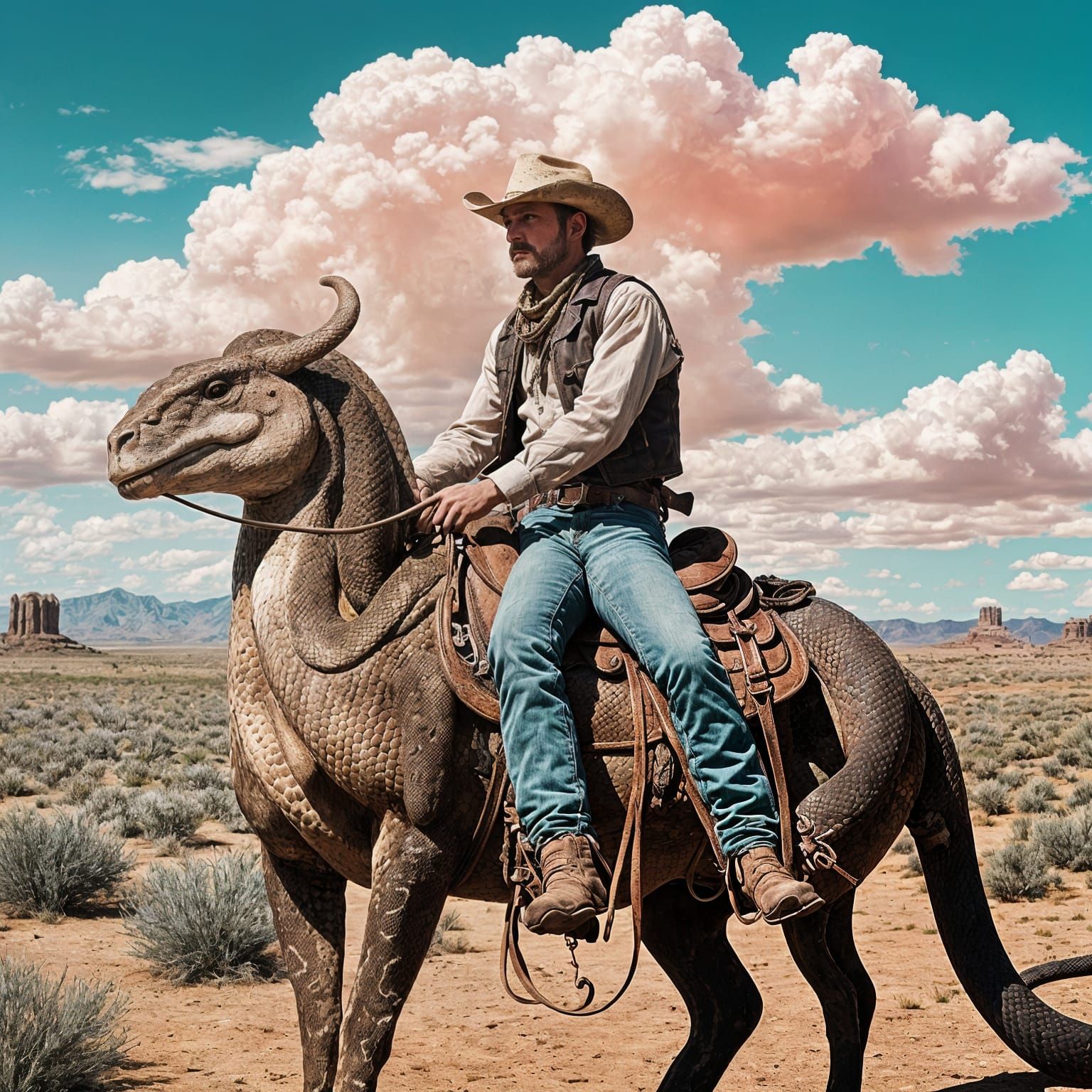 Cowboy Rides a Rattlesnake in Western Landscape