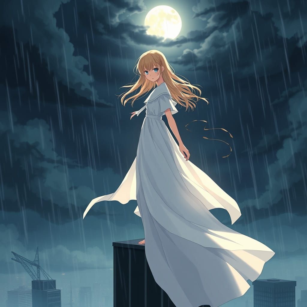 Ethereal Girl Under Lunar Glow in a Stormy Cityscape