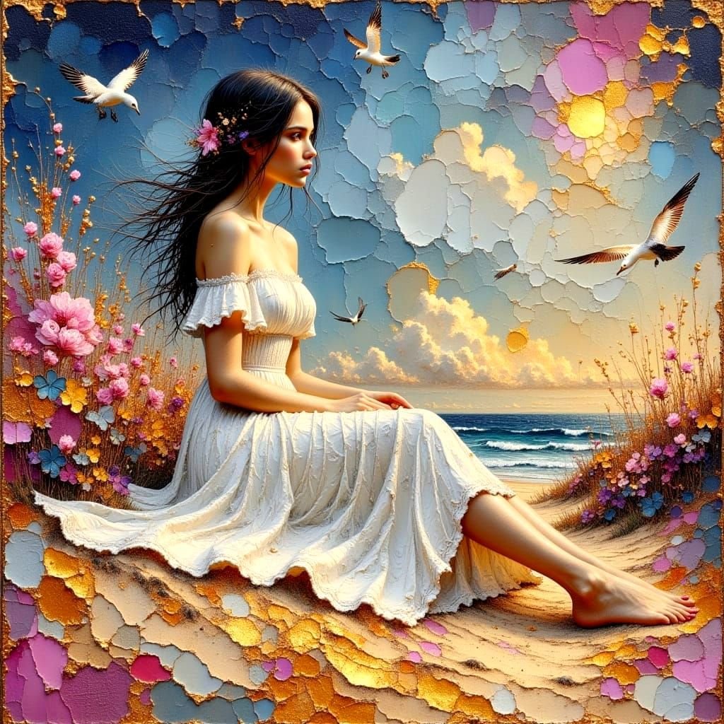 Girl in Dunes, Impasto Oil Painting