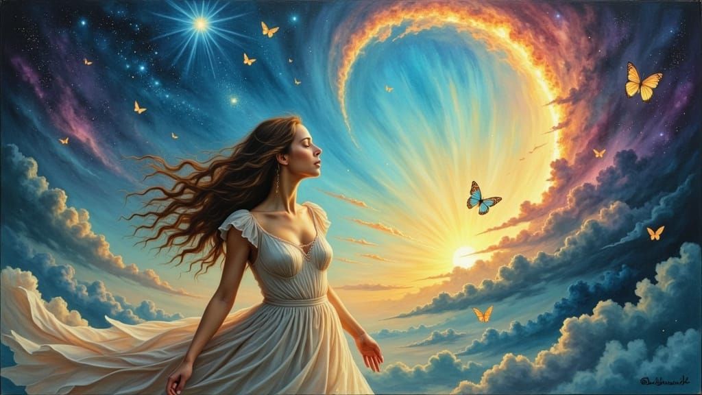 Cosmic Portal: Ethereal Woman in Art Nouveau Style