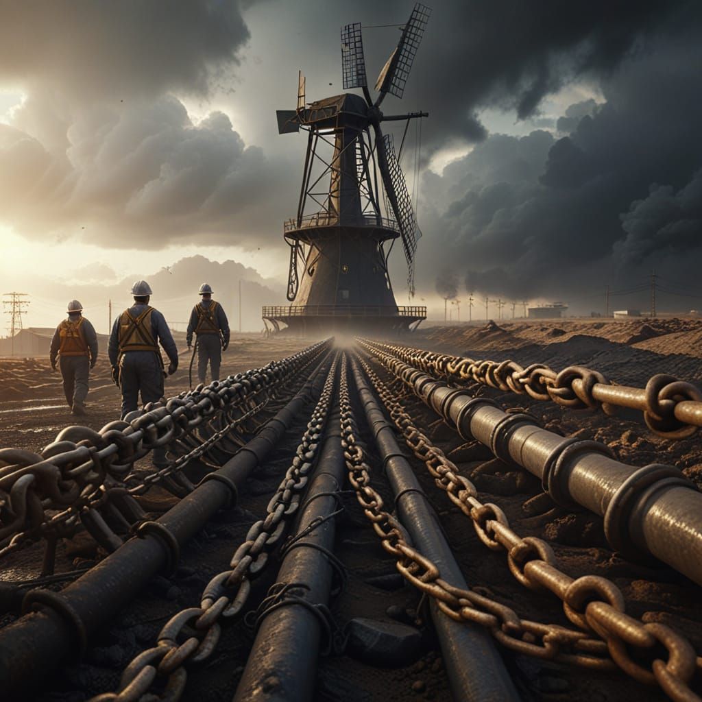 Oilfield Workers vs. Windmill: Hyper-Realistic Digital Art