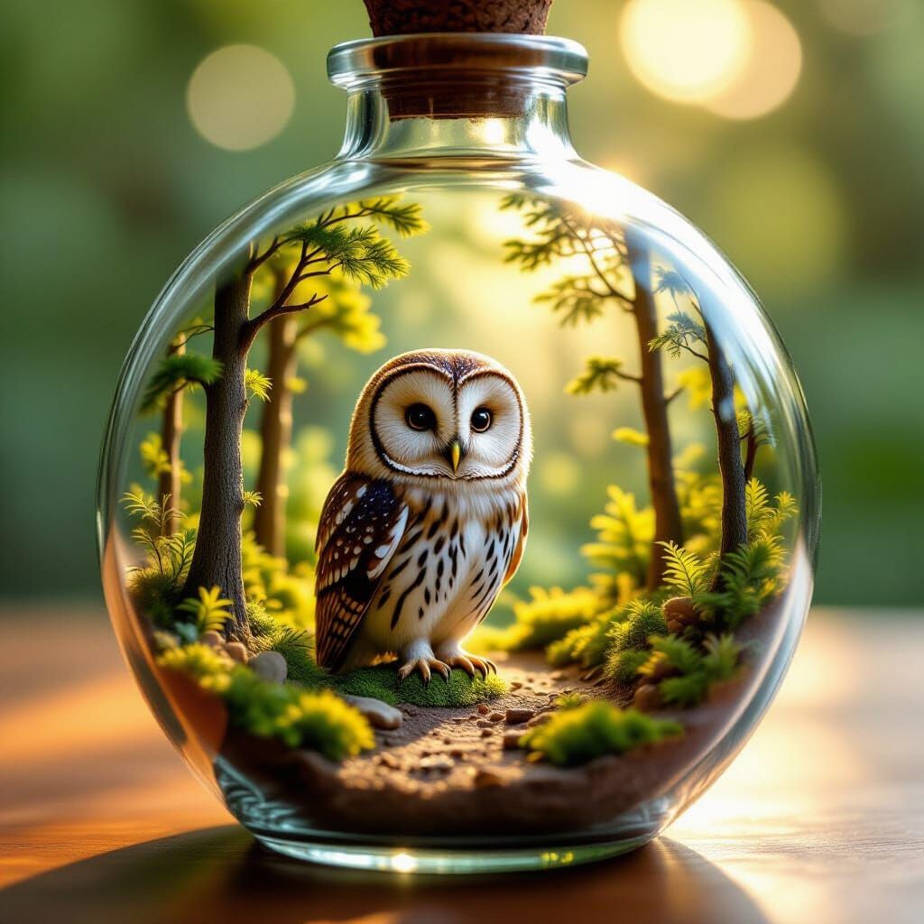 Enchanting Owl Diorama Inside Glass Bottle