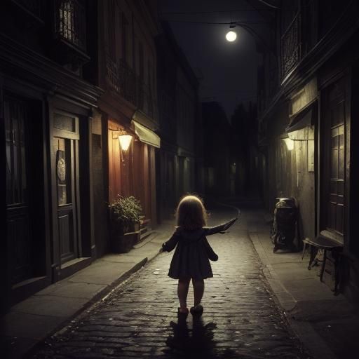 Child on Dark Street at Night