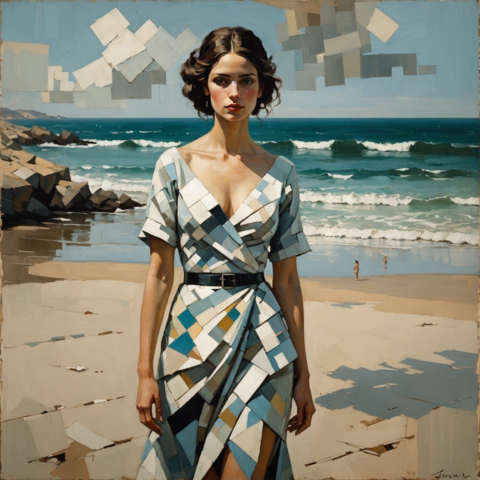 Cubist Woman on Beach in Geometric Abstraction