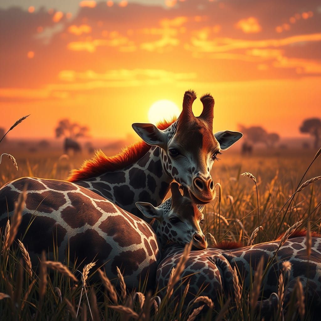 Serenene Giraffe Mother and Baby in Sunset Savanna Landscape