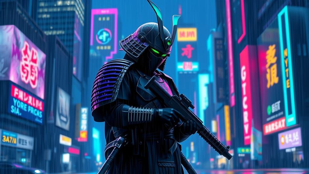 Cyberpunk Samurai Silhouetted Against Neon Cityscape