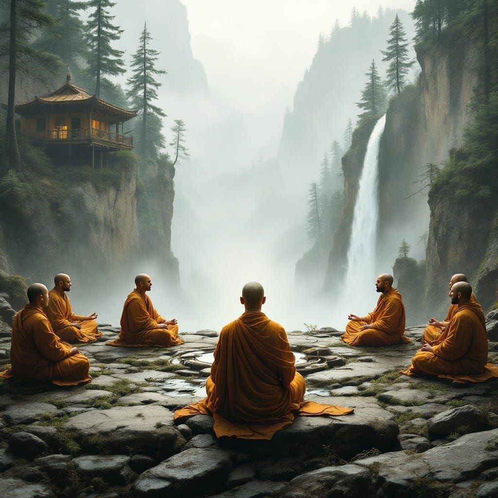 Serene Buddhist Monks Meditating in Misty Mountains