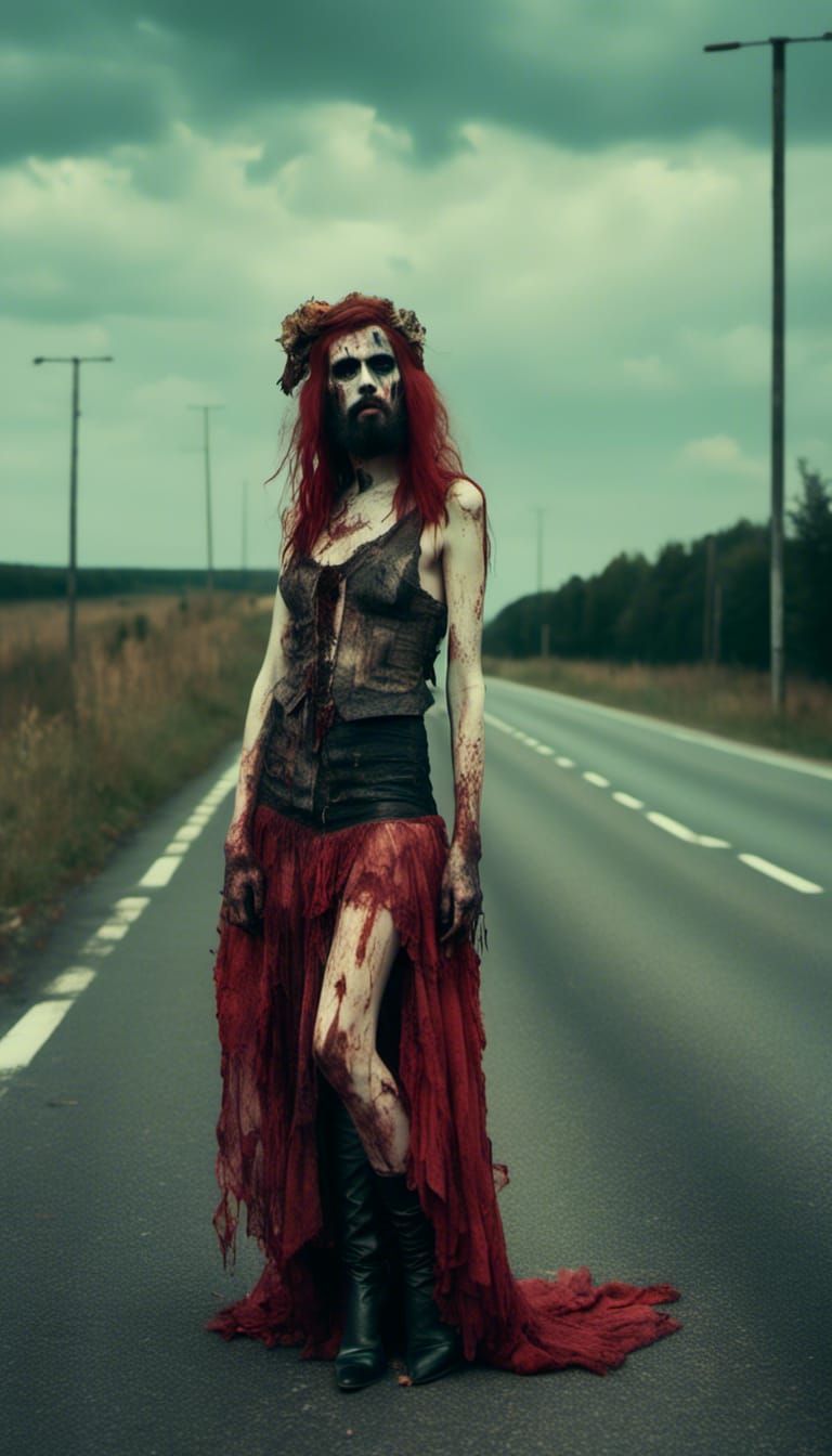 Bearded Transvestite Hitchhiking on Motorway