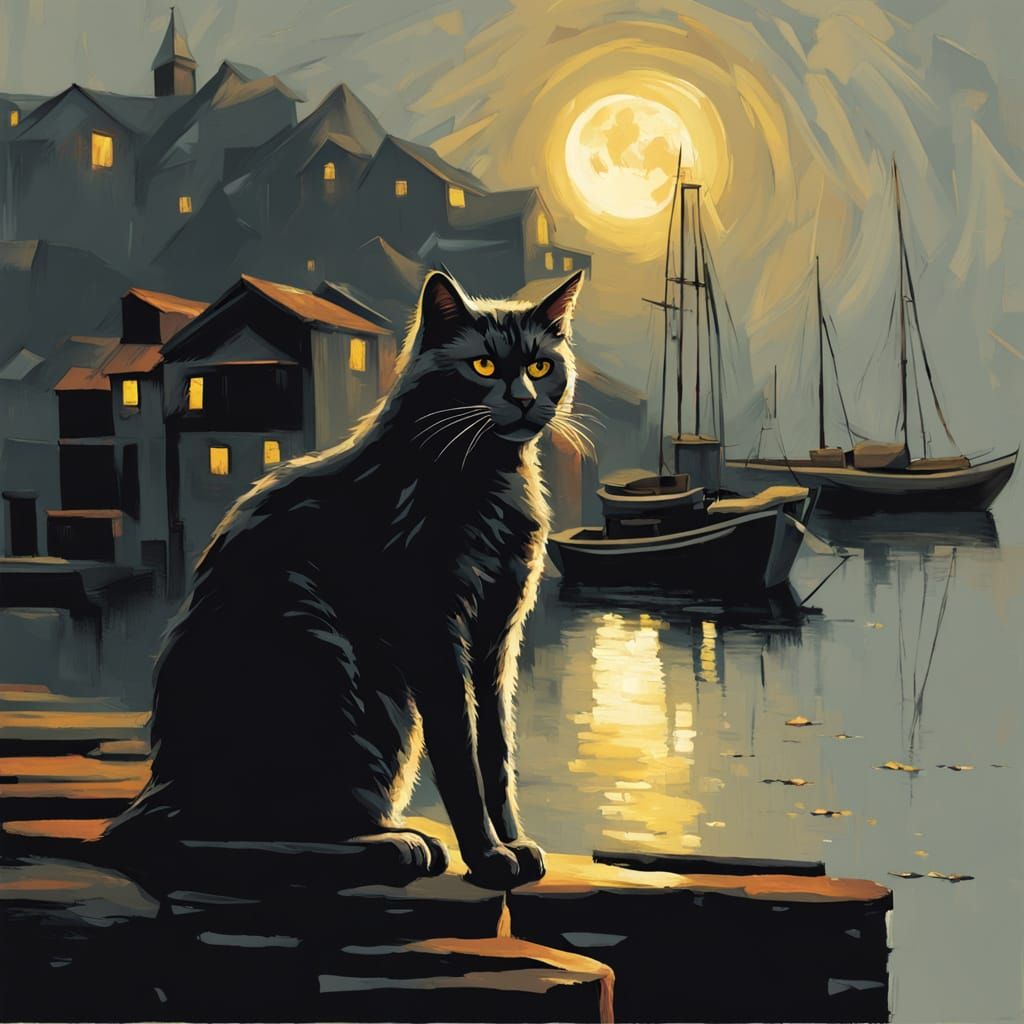 Old Cat at Moonlit Fishing Village Harbor in Neo-Impressioni...