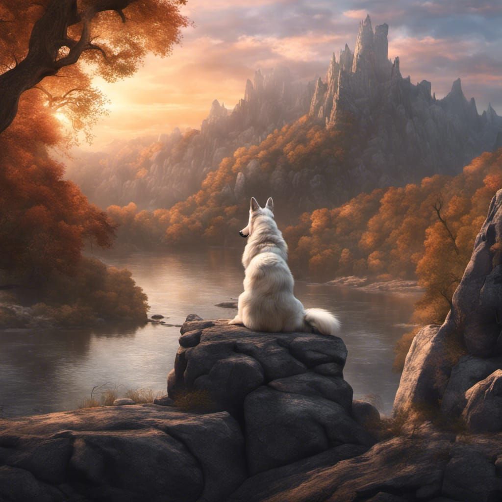 Sunset River Scene with Man and Shepherd