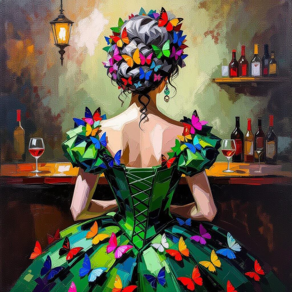 Woman in Baroque Dress with Butterflies as Impasto Painting