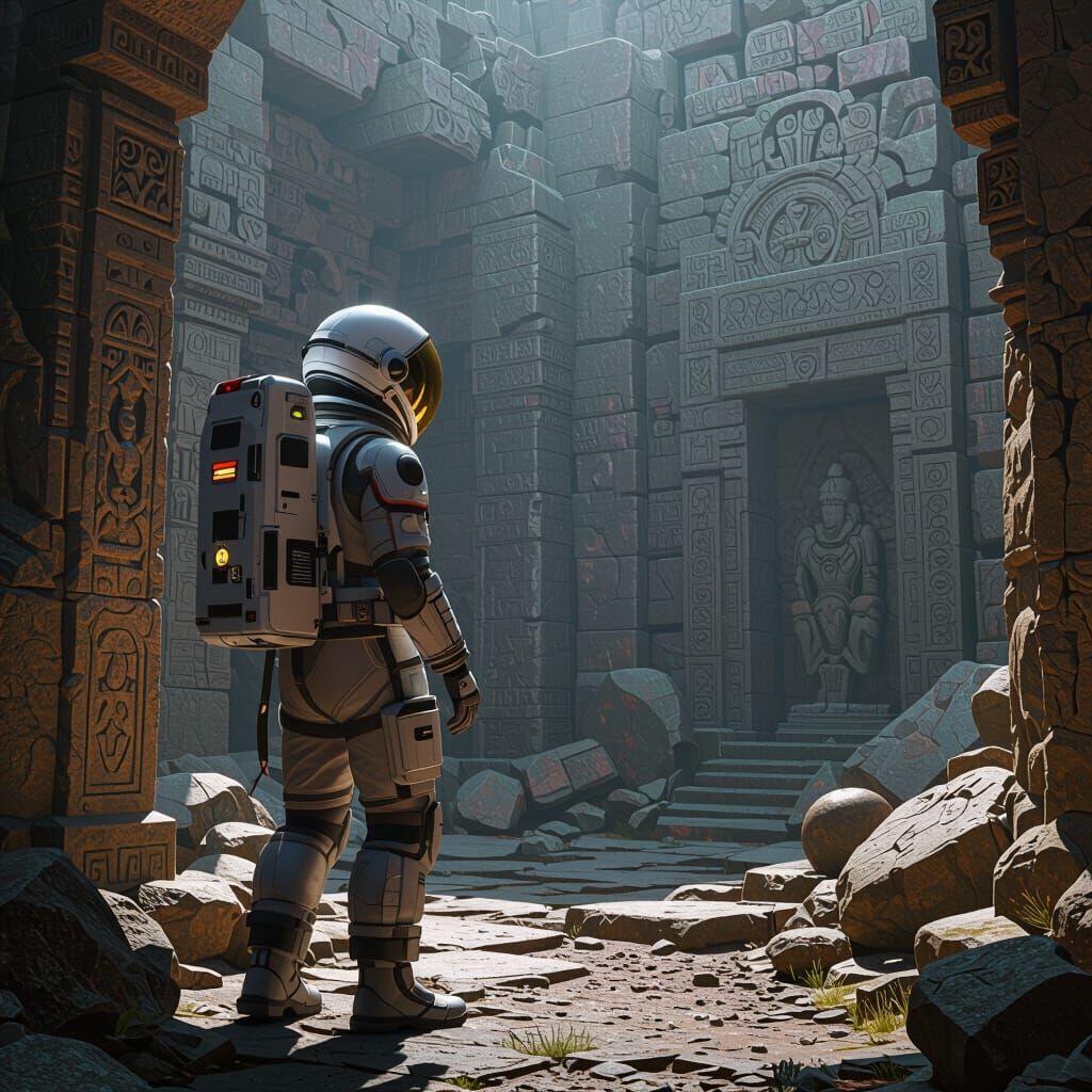 Astronaut Explores Mystical Ruins in Futuristic 3D Render