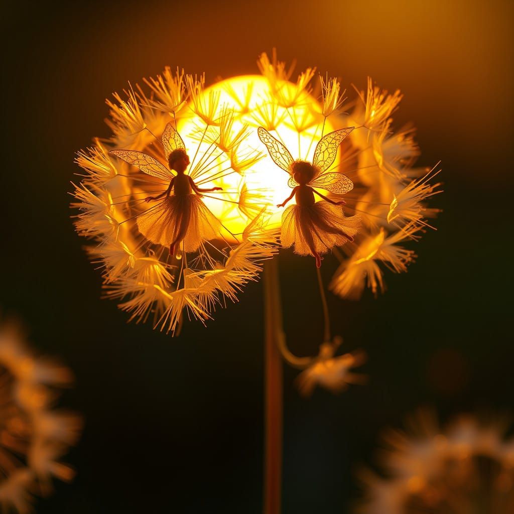 Whimsical Faeries Amidst Golden Dandelion Seeds