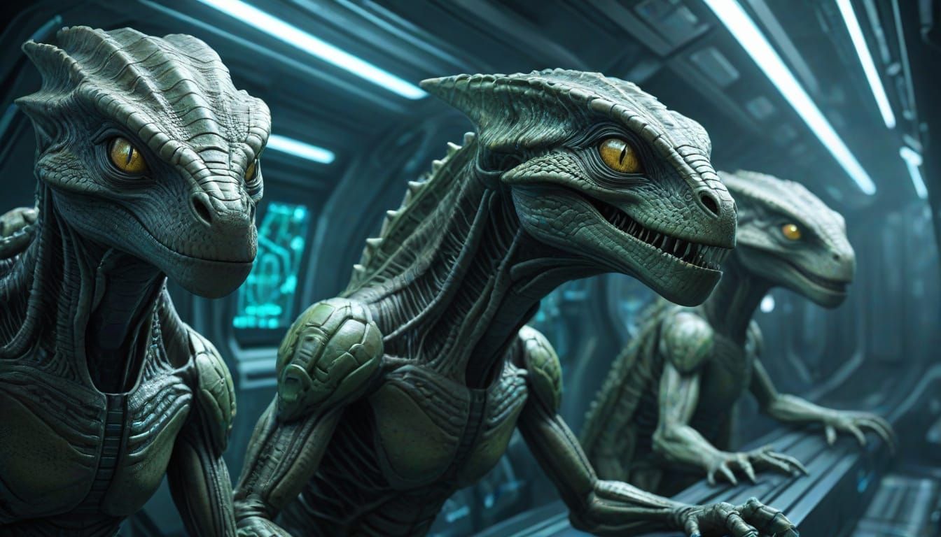 Reptilian Aliens in Futuristic Spaceship Interior