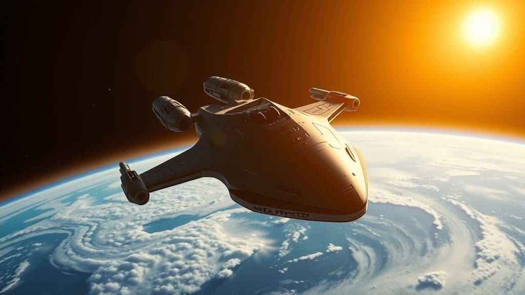 Galaxy Quest Starship Orbits Vibrant Earth in Golden Sunligh...