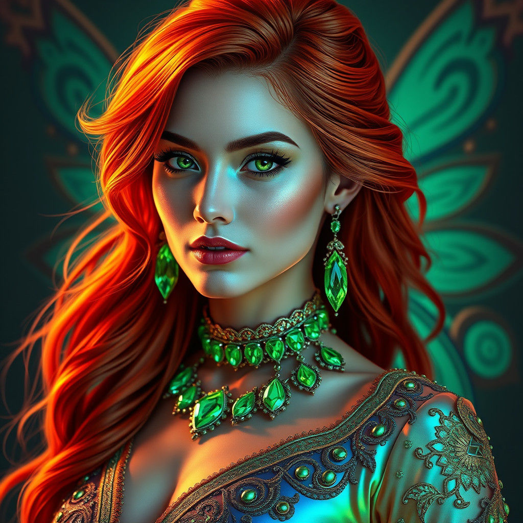Confident Woman with Emeralds and Neon Jewelry