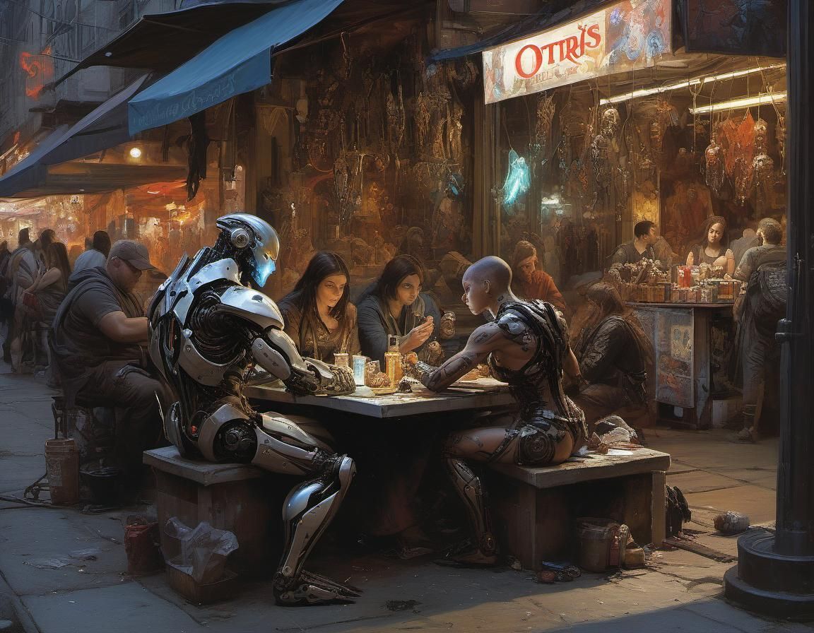 Cyborgs in a Busy Street: Fantasy Digital Art