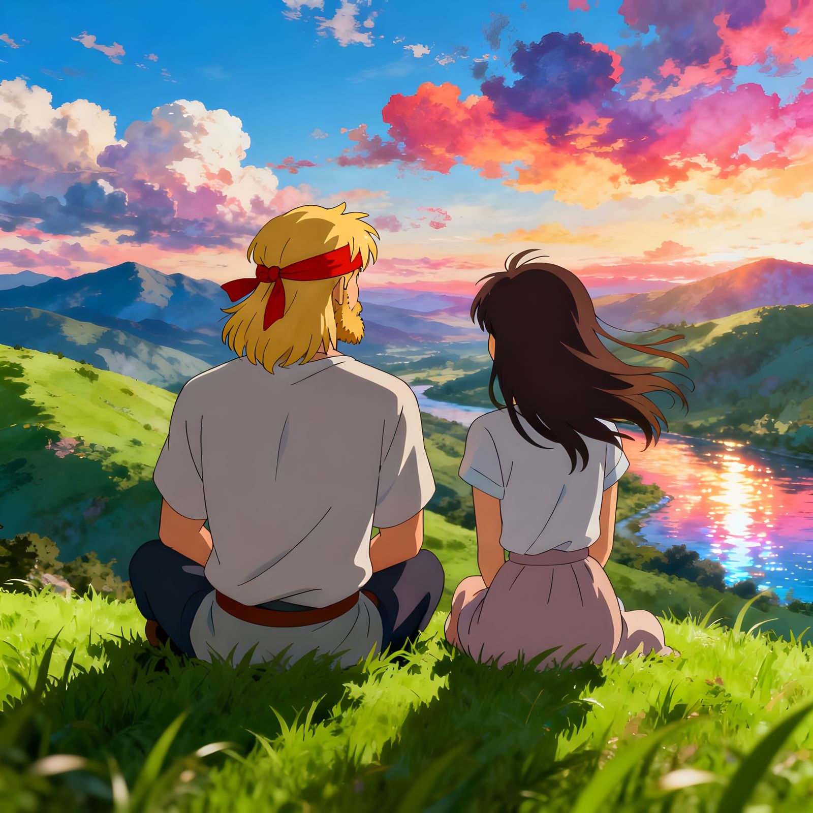 Anime Couple Gazes at Mirrored Sky on Green Hill