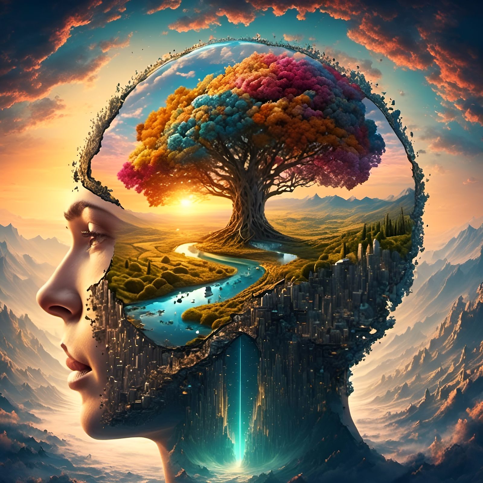 Happy Thoughts: 3D Mindscape with Sunset