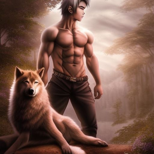 Anime Boy and Wolf Full Body Portrait