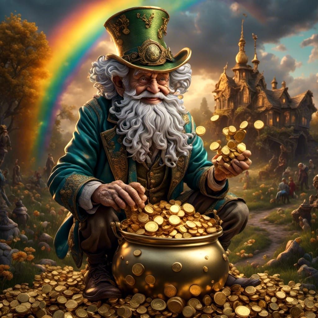 Leprechaun with Pot of Gold, Hyperrealistic 8k
