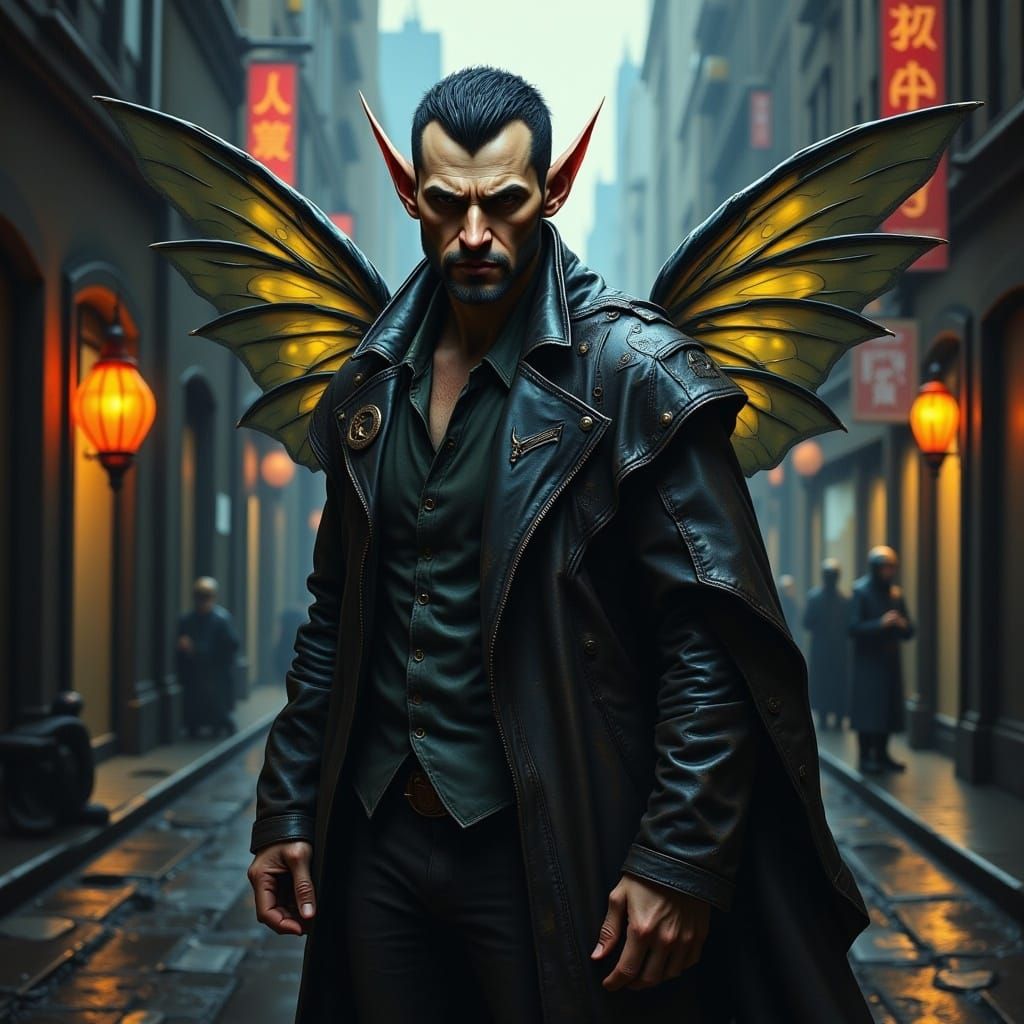 Stoic Man in Rainy Alley, Dramatic Digital Art