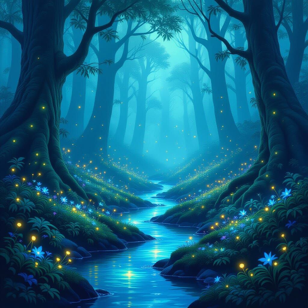 Bioluminescent Forest with Glowing Flora and Fauna