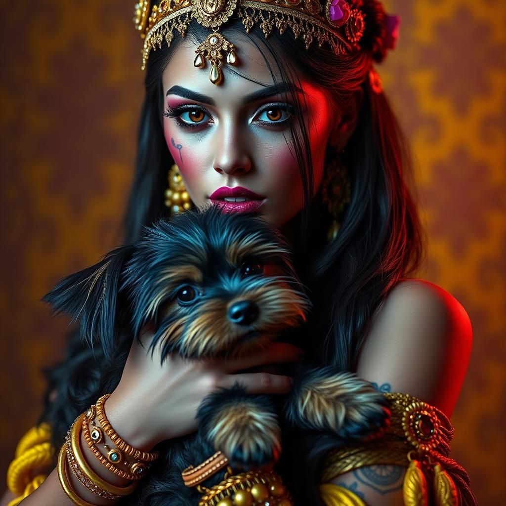 Gothic Cyberpunk Princess with Puppy in Pop Art Style