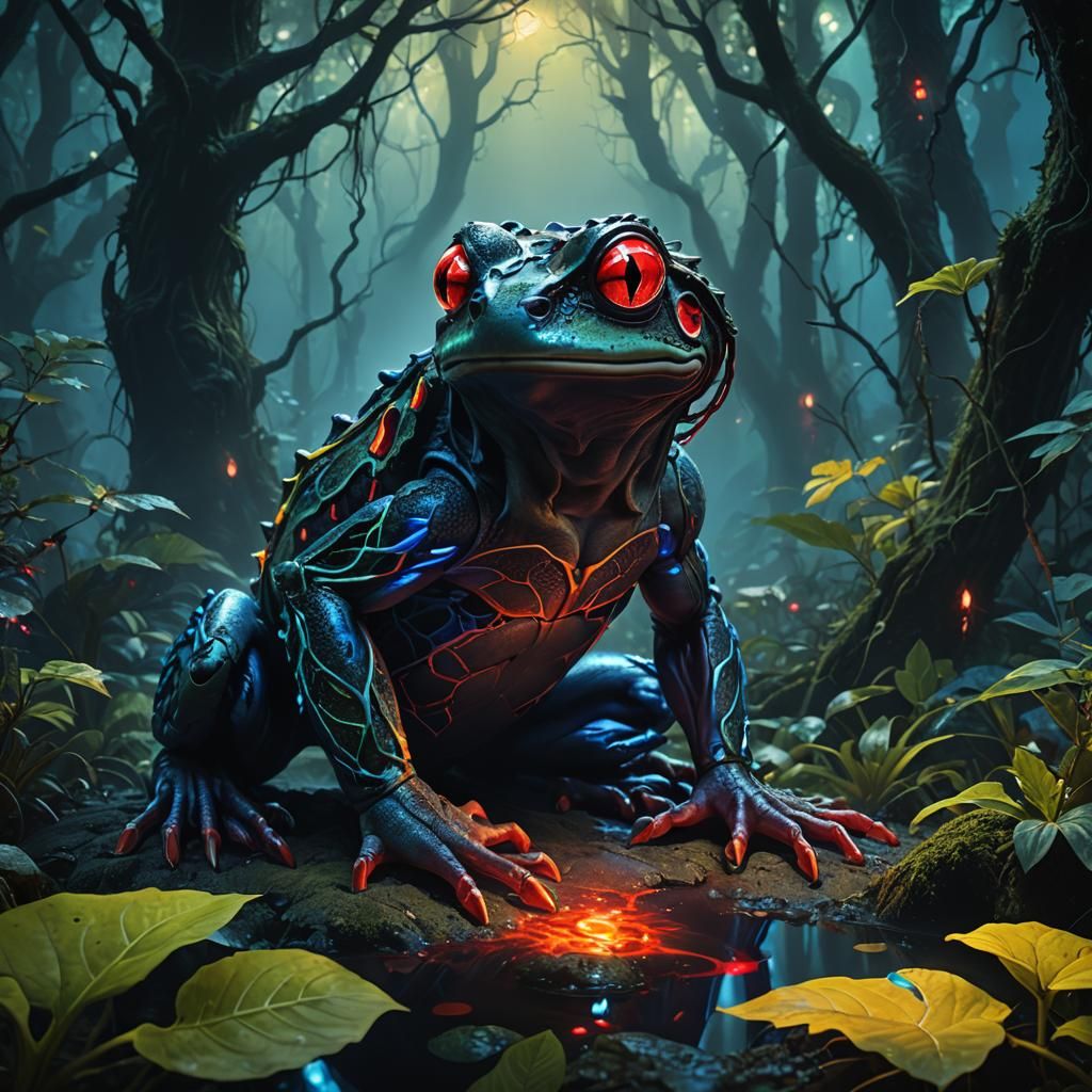Glowing Red-Eyed Frog Demon in Mystical Forest