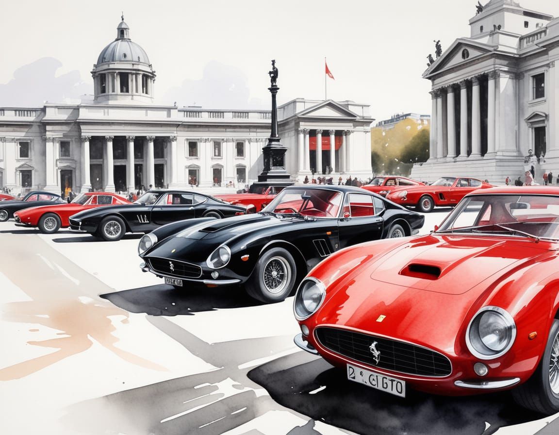 Energetic Watercolor Masterpiece of Ferrari 250 GT SWB and 2...